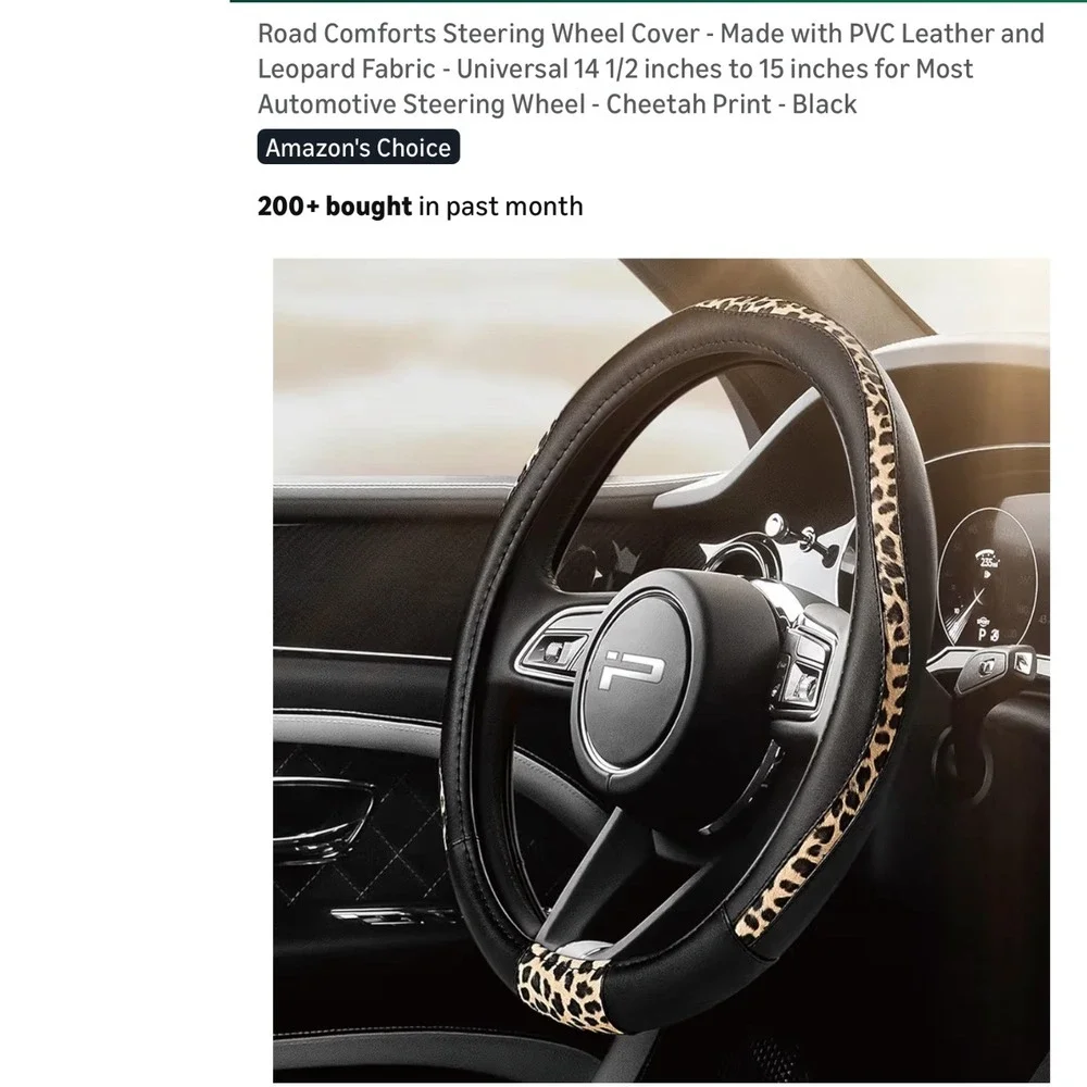 Cheetah Print Comforts Steering Wheel Cover Black PVC Leather Universal Fit